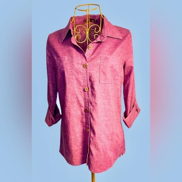 Prana V-Neck Button-Down Pink Shirt with Pockets and Long Roll-Up Sleeves, XS - Picture 1 of 15
